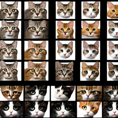 **AI Training:** An abstract representation of an AI system learning to identify cats from a massive dataset of images. Show the transformation of raw data into recognizable patterns, emphasizing the learning process.