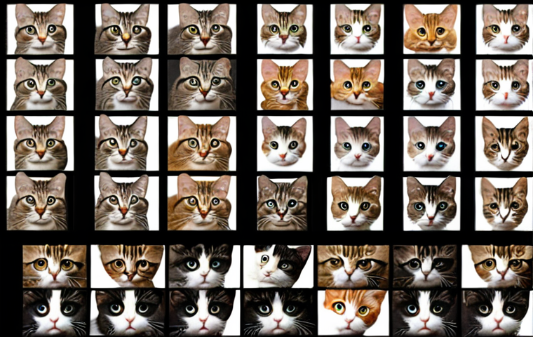 **AI Training:** An abstract representation of an AI system learning to identify cats from a massive dataset of images. Show the transformation of raw data into recognizable patterns, emphasizing the learning process.